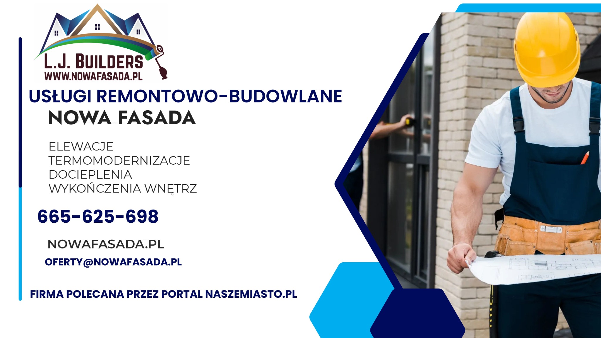 Pracownik w kasku i kombinezonie analizuje plan na tle elewacji budynku. Widoczny fragment elewacji i osoba mierząca okno. Logo firmy remontowo-budowlanej.