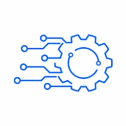 Niebieski schemat przedstawiający koło zębate połączone liniami z trzema okręgami, sugerujący proces technologiczny lub inżynieryjny.