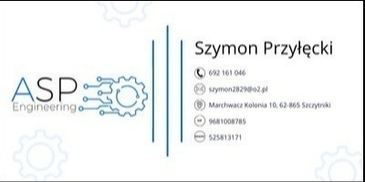 Wizytówka firmy ASP Engineering z danymi kontaktowymi Szymona Przyłęckiego, zawierająca logo z elementami graficznymi przypominającymi zębatkę i obwody elektroniczne.