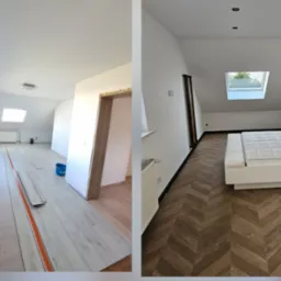 Zdjęcie 'przed i po' ukazujące montaż paneli podłogowych w pokoju na poddaszu. Po lewej surowe panele, po prawej ułożona podłoga w jodełkę i gotowe wnętrze sypialni.