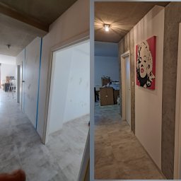 Darek Chylka - Korytarz po remoncie: ściany pomalowane na biało, fragment ściany z szarą strukturą, na ścianie obraz. Widoczne drzwi, podłoga z płytek. Ujęcie typu 'przed i po'.