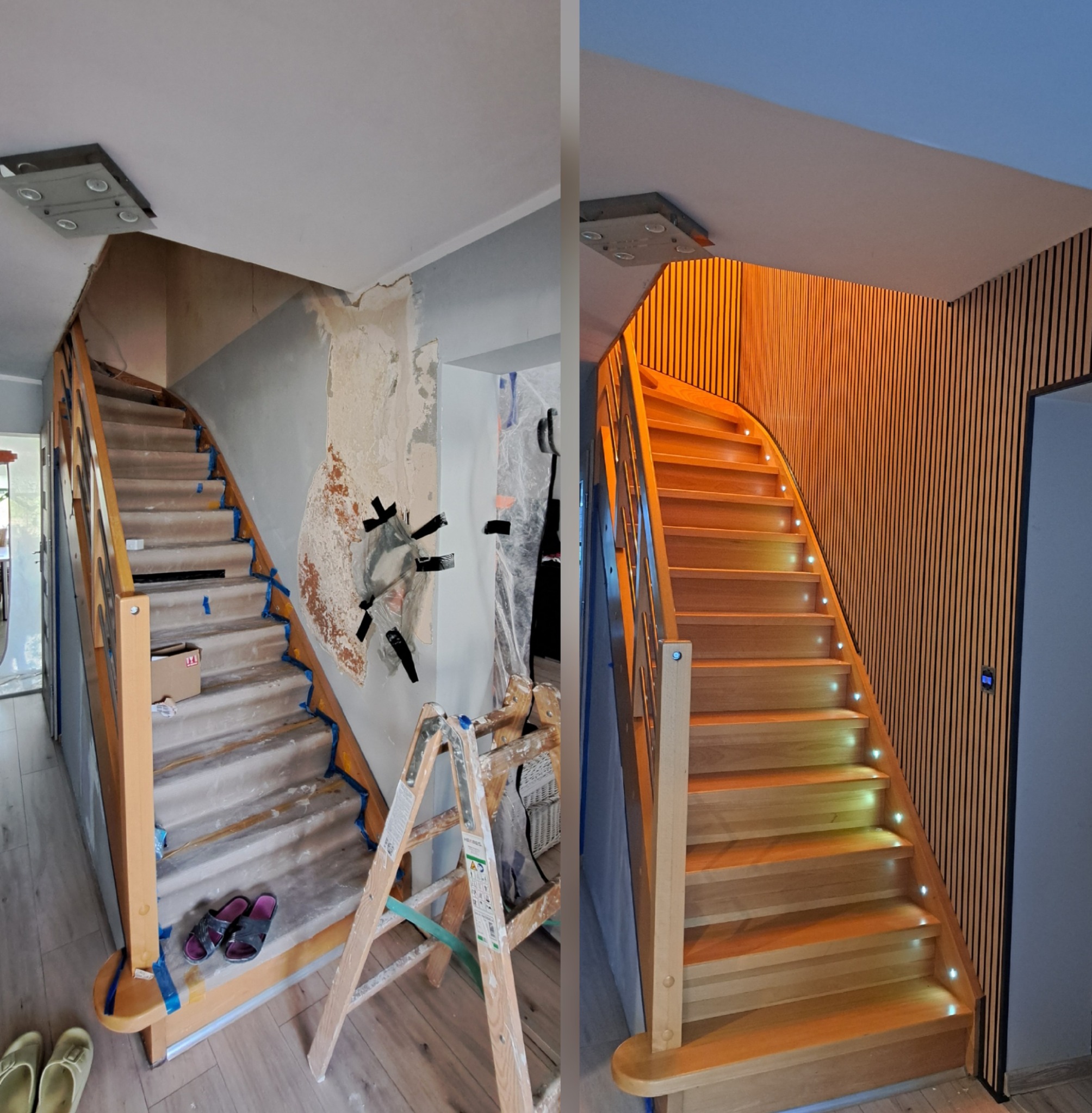 Schody przed i po remoncie: od surowych ścian do drewnianej boazerii i podświetlanych stopni. Widoczna drabina i zabezpieczenia podczas prac.