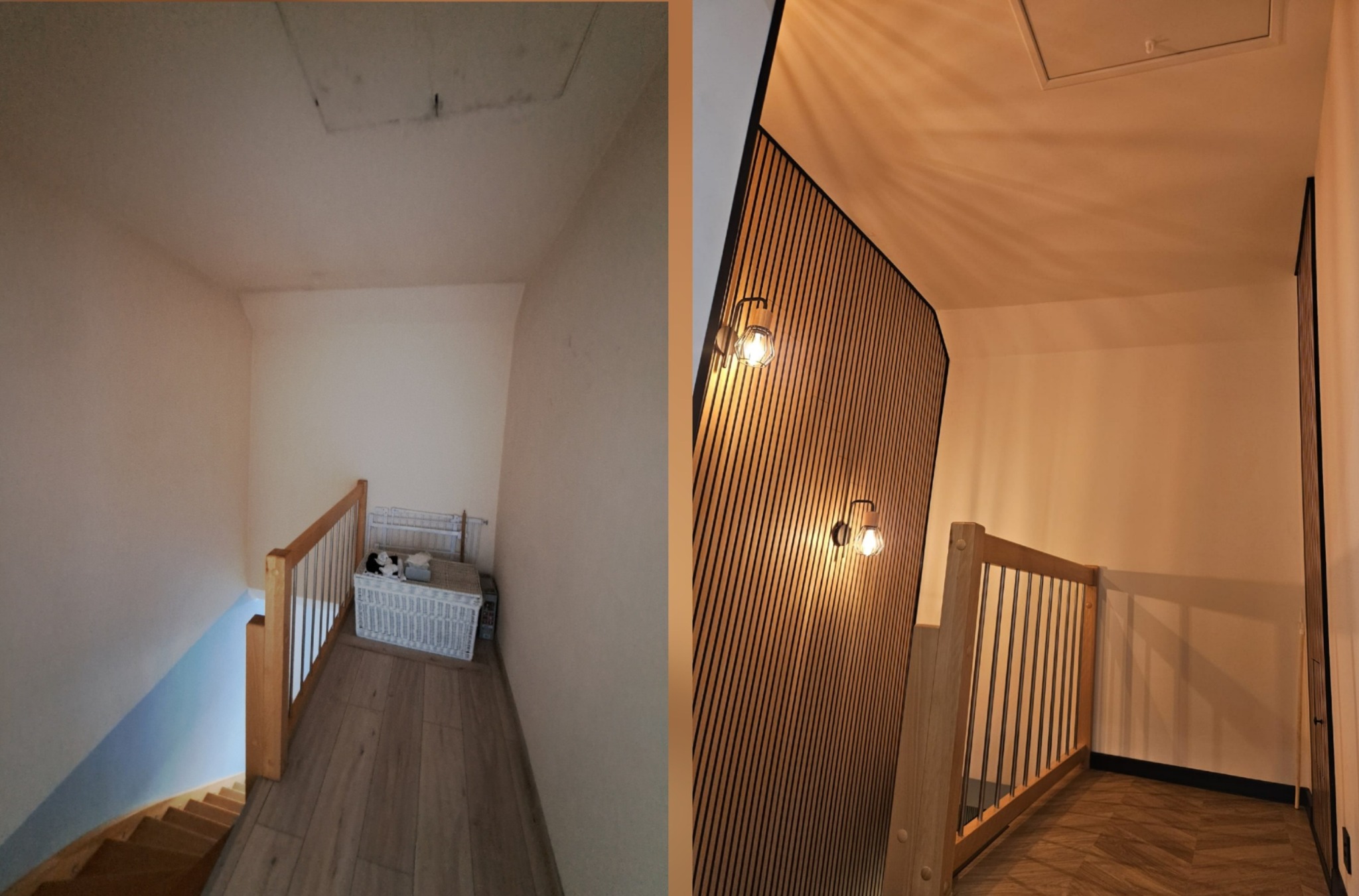 Klatka schodowa przed i po: od surowych ścian do wykończenia z drewnianymi lamelami, oświetleniem i odnowioną barierką. Widoczna metamorfoza wnętrza.