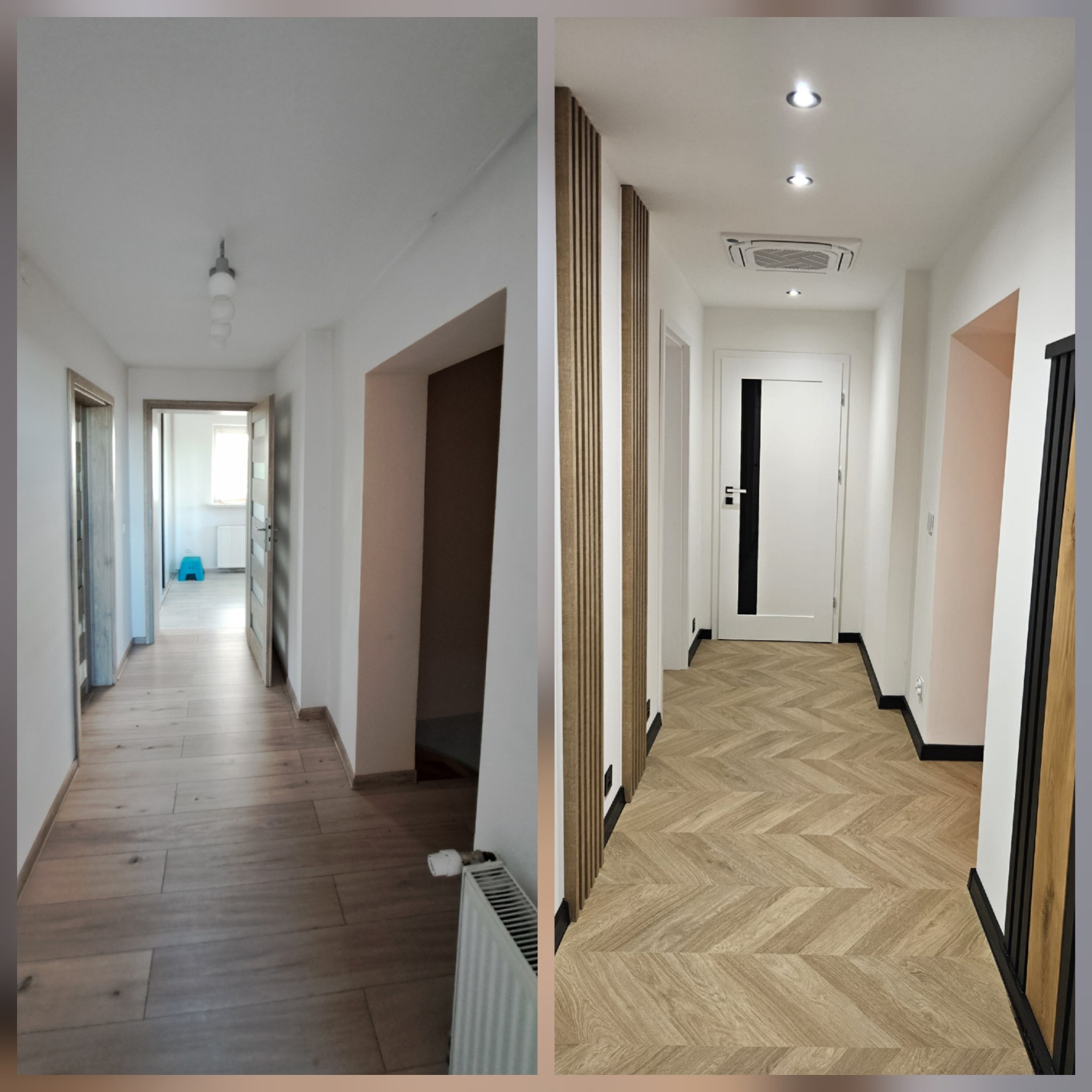 Korytarz po remoncie: ułożona podłoga w jodełkę, białe ściany z dekoracyjnymi lamelami i czarnymi listwami przypodłogowymi. Widok przed i po odświeżeniu.