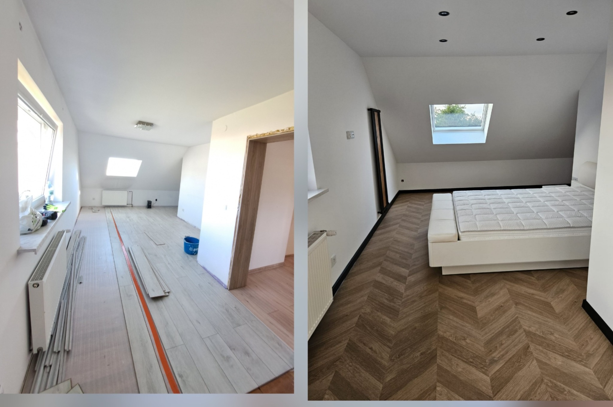 Zdjęcie 'przed i po' ukazujące montaż paneli podłogowych w pokoju na poddaszu. Po lewej surowe panele, po prawej ułożona podłoga w jodełkę i gotowe wnętrze sypialni.