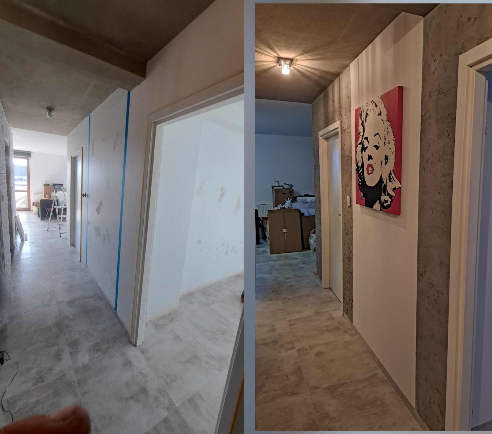Korytarz po remoncie: ściany pomalowane na biało, fragment ściany z szarą strukturą, na ścianie obraz. Widoczne drzwi, podłoga z płytek. Ujęcie typu 'przed i po'.