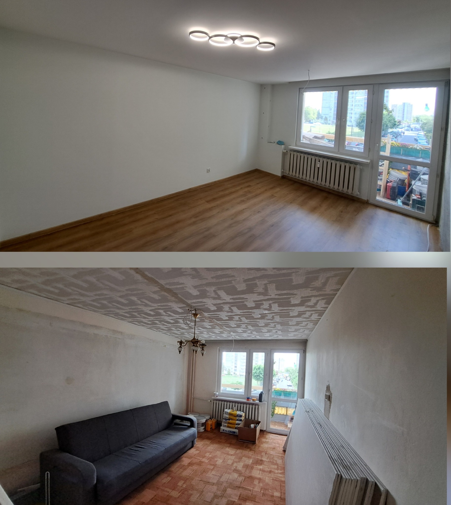 Zdjęcie 'przed i po' remontu pokoju: od surowego wnętrza z sofą i płytami G-K do odnowionego, jasnego pomieszczenia z panelami i nowoczesnym oświetleniem.