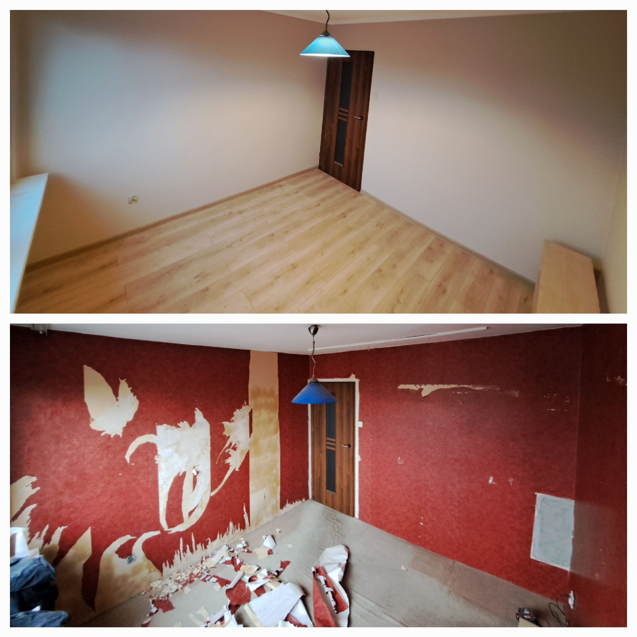 Zdjęcie 'przed i po' remontu pokoju: górna część pokazuje odnowione ściany i panele, dolna - ściany z resztkami tapety i bałagan po demontażu.