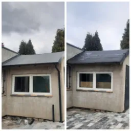 Porównanie dachu budynku w Poznaniu przed i po renowacji, widoczne zmiany w pokryciu i stanie technicznym.