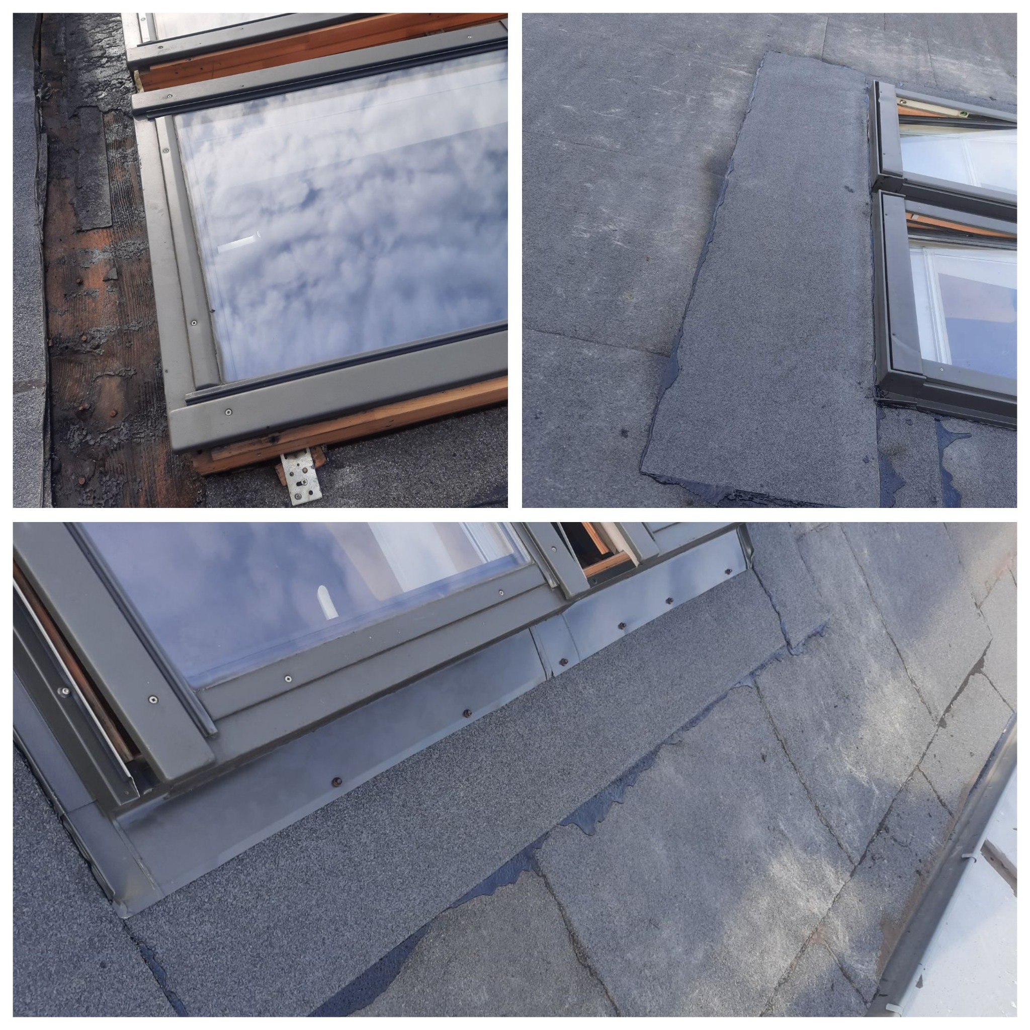 Montaż okna dachowego na dachu pokrytym papą, widoczne obróbki blacharskie i uszczelnienia.