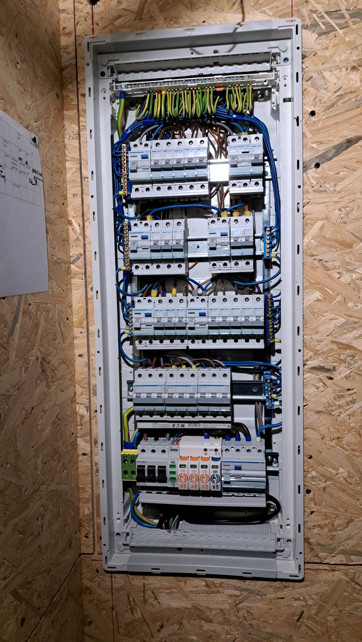 Rozdzielnica elektryczna z bezpiecznikami, zamontowana na ścianie z płyty OSB, widoczne przewody w kolorach żółto-zielonym, niebieskim i brązowym, oraz biała obudowa rozdzielnicy.