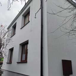 LOFT - Dwupiętrowy dom z nową, jasnoszarą elewacją o fakturze baranka, brązowe okna i rynna na rogu budynku, widoczne nagie gałęzie drzew