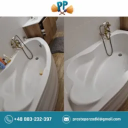 Porównanie: wanna przed i po czyszczeniu. Po lewej wanna z lekkimi zabrudzeniami i mydłem, po prawej idealnie czysta, biała wanna z armaturą w stylu retro.