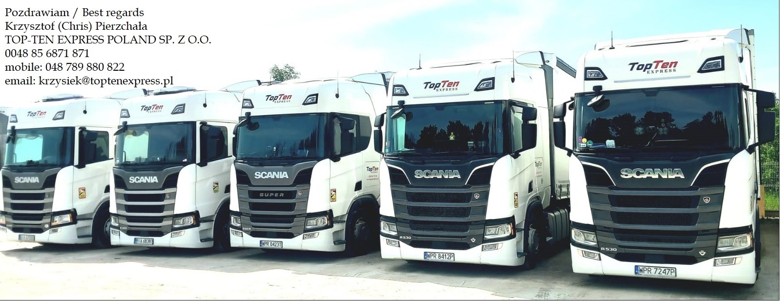 Flota białych ciężarówek Scania firmy TopTen Express ustawiona w rzędzie, widok z przodu, z widocznymi numerami rejestracyjnymi.