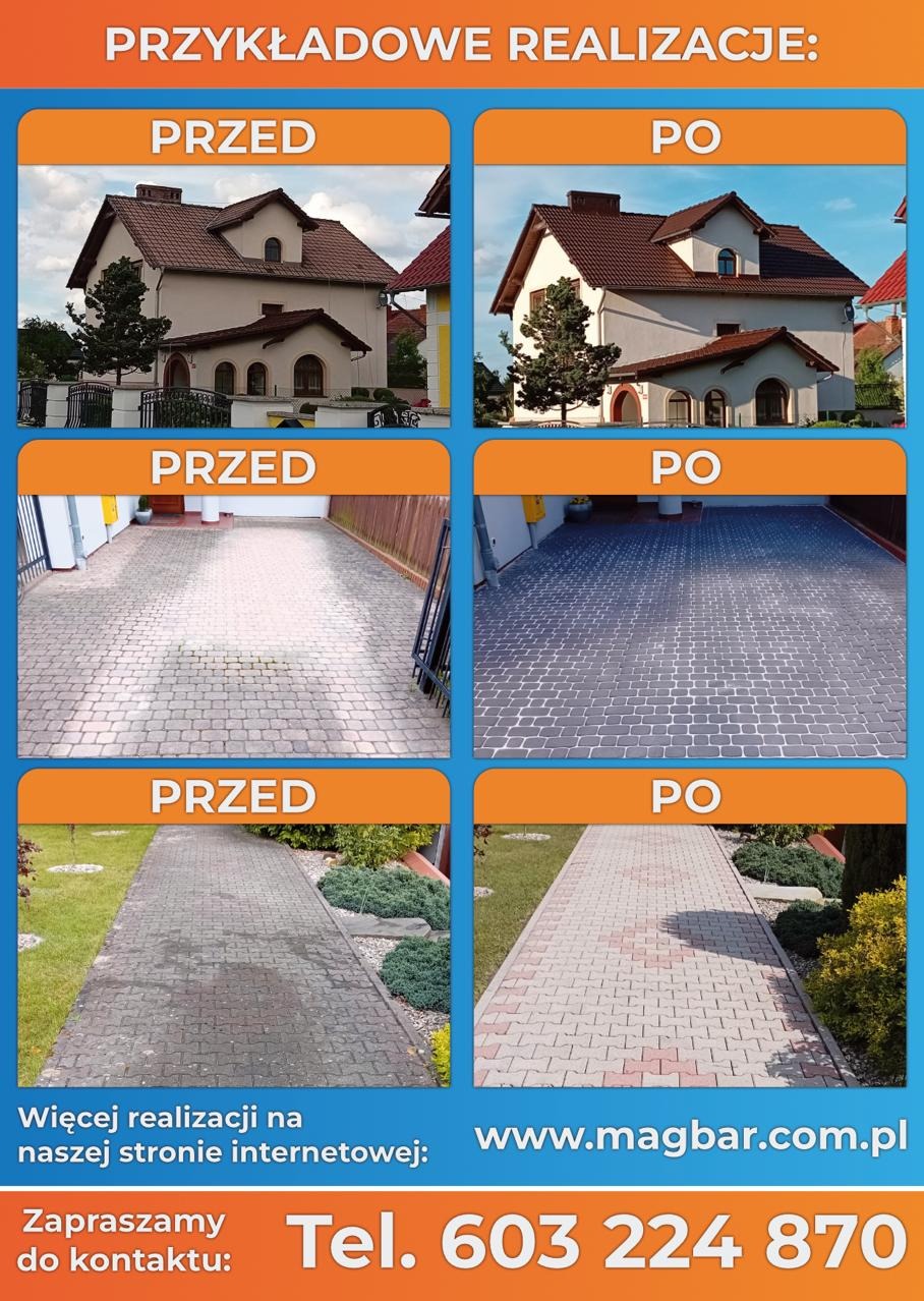 Przykładowe realizacje: dom przed i po odświeżeniu elewacji, kostka brukowa przed i po czyszczeniu. Widoczne różnice w kolorze i czystości powierzchni.