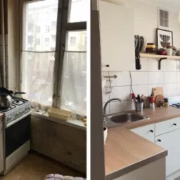 Zdjęcie 'przed i po' remontu kuchni: po lewej zaniedbane wnętrze z brudnymi ścianami, po prawej odnowiona, jasna kuchnia z białymi meblami i płytkami.