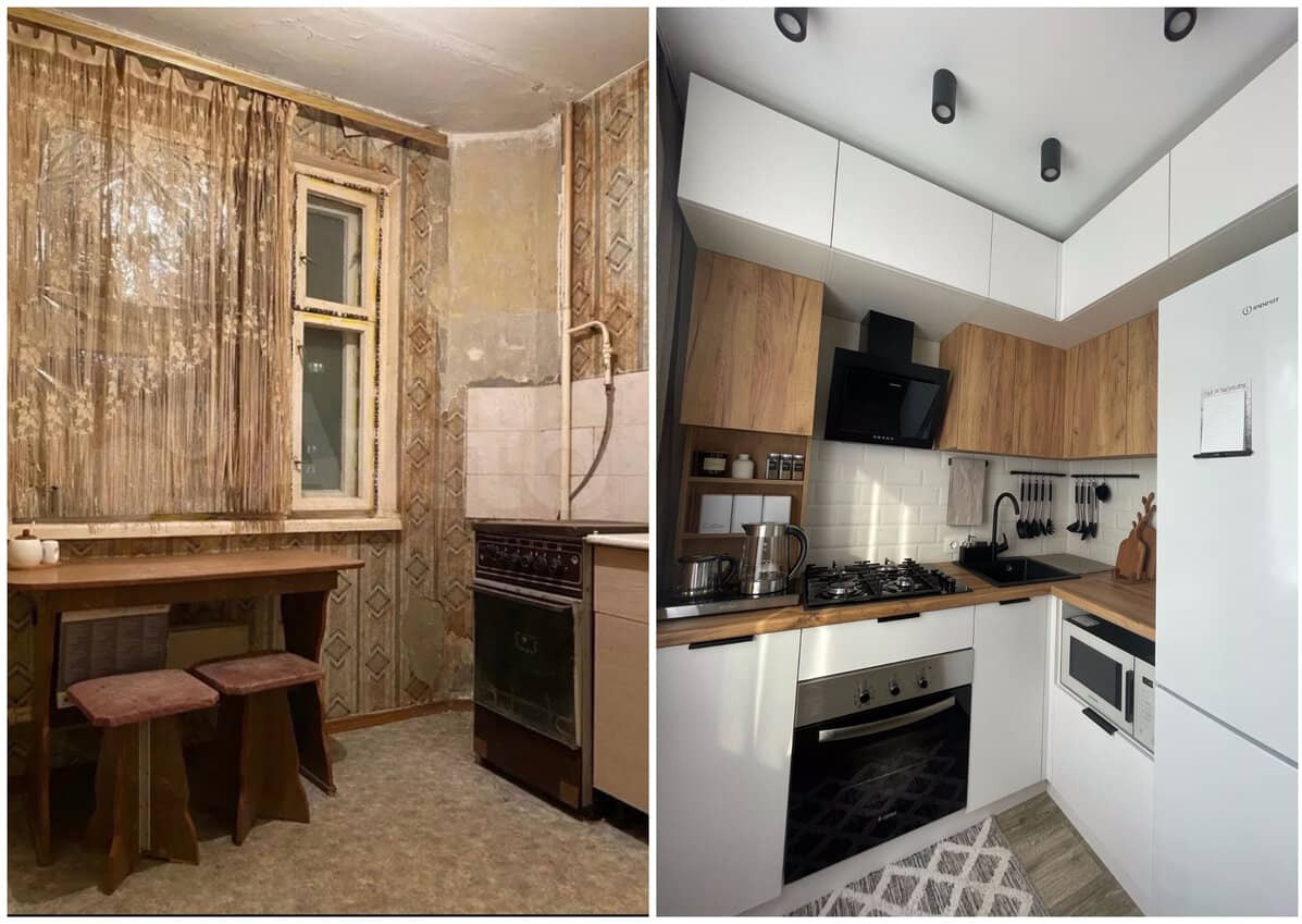 Kuchenne metamorfozy: zestawienie 'przed' z przestarzałym wystrojem i 'po' z nowoczesną, jasną zabudową z drewnianymi akcentami i sprzętem AGD.