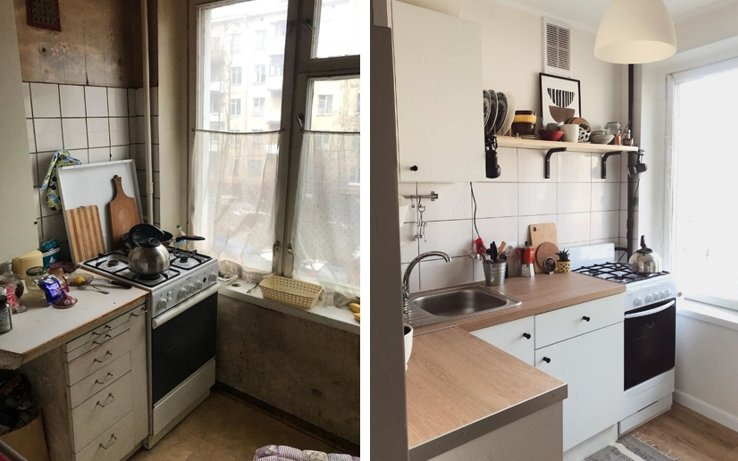 Zdjęcie 'przed i po' remontu kuchni: po lewej zaniedbane wnętrze z brudnymi ścianami, po prawej odnowiona, jasna kuchnia z białymi meblami i płytkami.