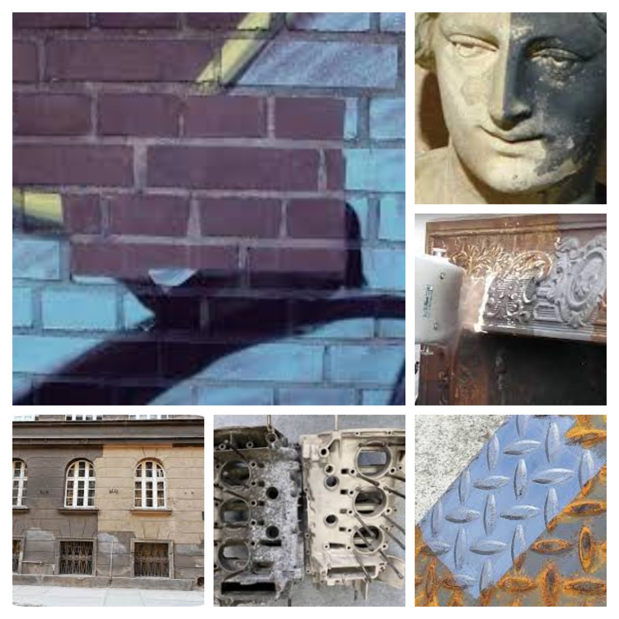 Kompozycja zdjęć przedstawiających różne etapy i obiekty związane z renowacją: fragment ceglanej ściany, rzeźba z widocznym kontrastem czyszczenia, zdobiony element architektoniczny czyszczony...
