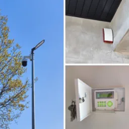 Kamera monitoringu kopułkowa zamontowana na słupie oświetleniowym, syrena alarmowa w rogu sufitu oraz centrala alarmowa z kluczykami w szafce.