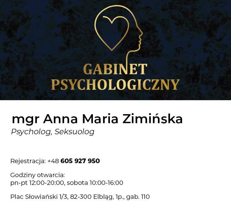 Wizytówka gabinetu z złotym logo przedstawiającym profil głowy z sercem w miejscu mózgu, napis 'Gabinet Psychologiczny', imię i nazwisko mgr Anny Marii Zimińskiej, specjalizacje, numer telefonu...