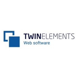 TwinElements - Logo firmy TwinElements z niebieskimi kwadratami i napisem 'Web software' pod nazwą.