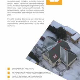 Wizualizacja 3D dachu domu jednorodzinnego z zaznaczonymi oknami dachowymi i kominami, prezentowana na tle tekstu informacyjnego o dokładności pomiarów i projektowania.