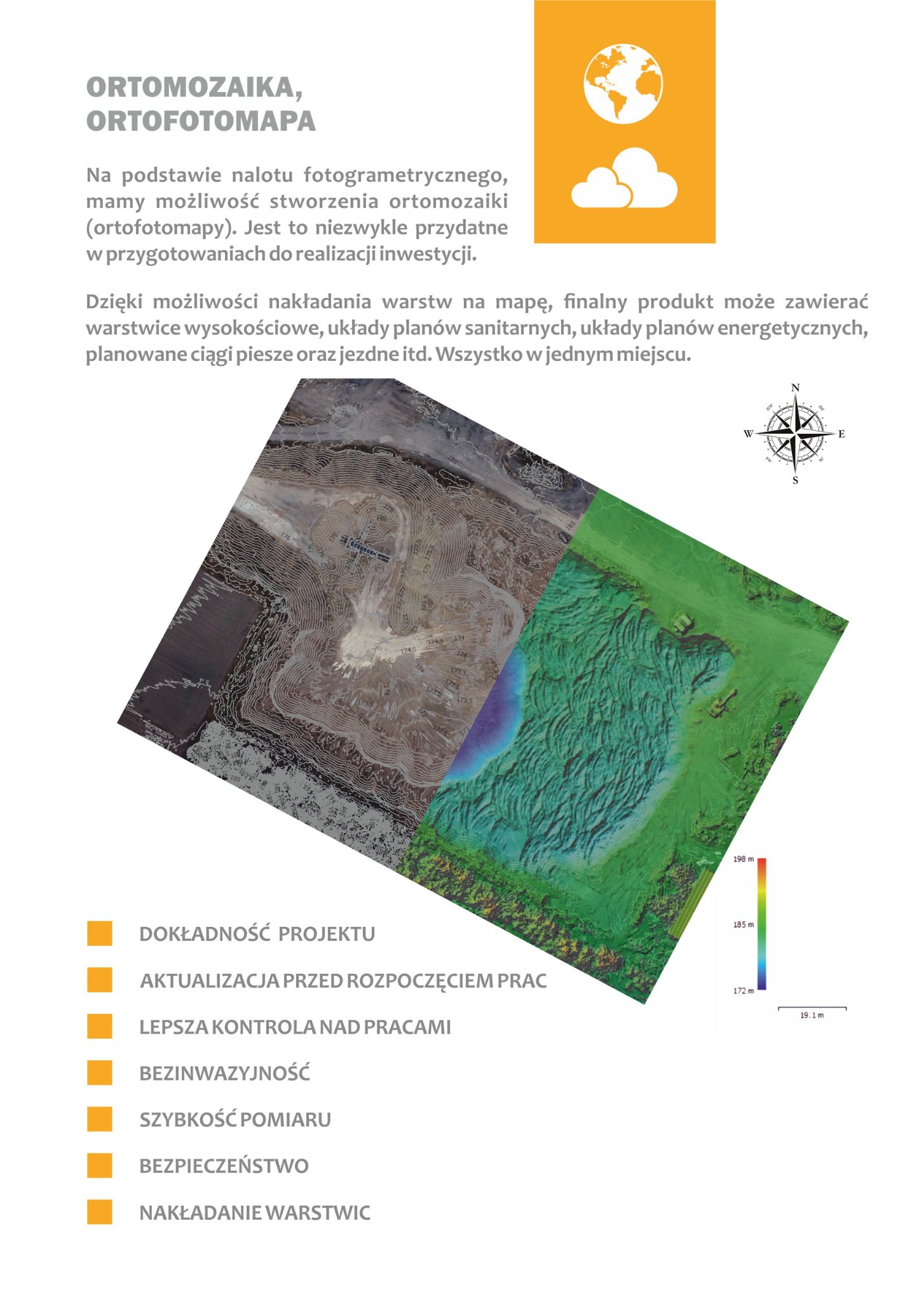 Ortofotomapa przedstawiająca teren z nałożonymi warstwicami wysokościowymi i planami, widok z lotu ptaka, wykorzystywana w przygotowaniach do realizacji inwestycji.