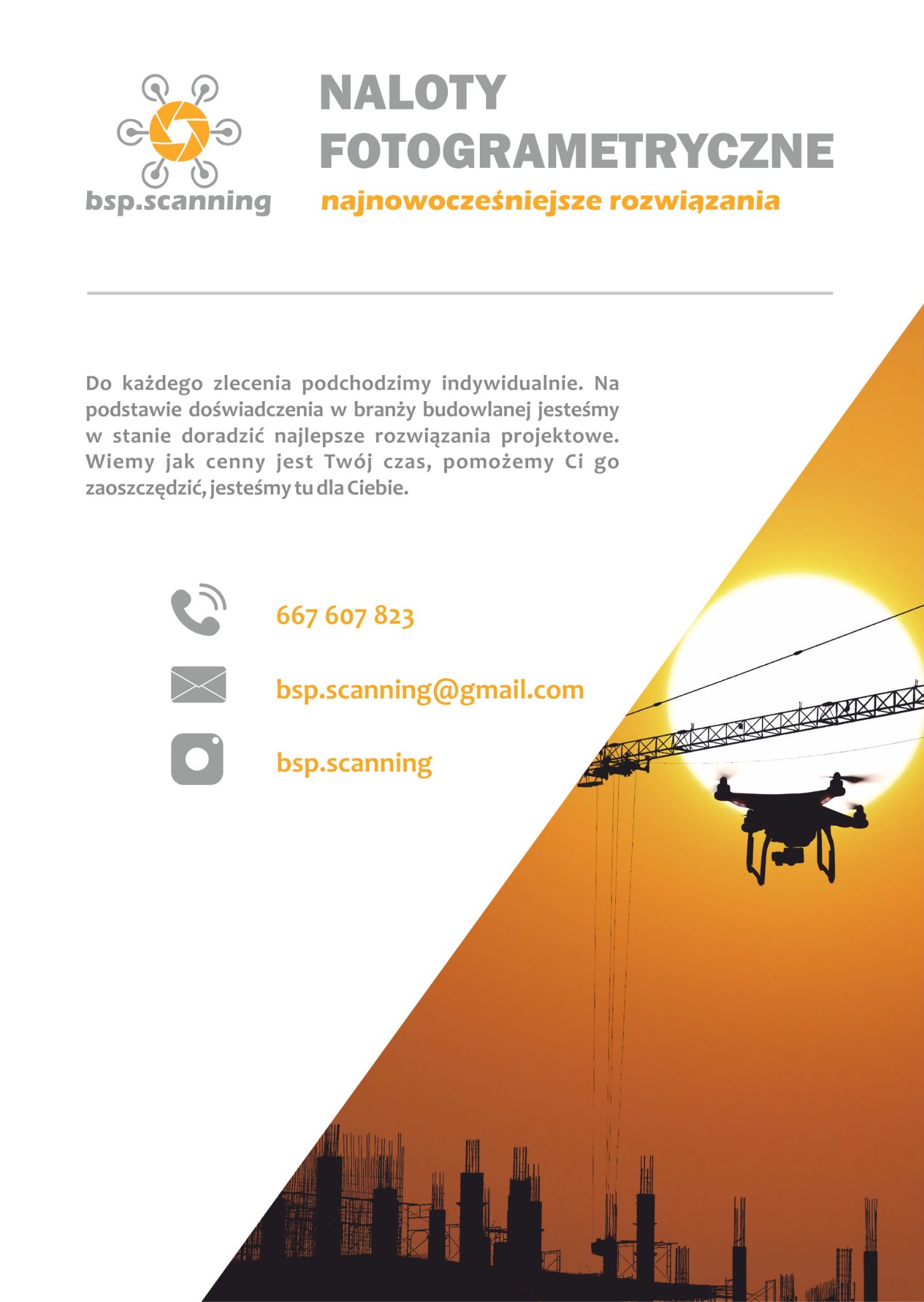 Reklama firmy BSP Scanning oferującej naloty fotogrametryczne, z sylwetką drona na tle zachodzącego słońca i zarysem budowy w tle, podane dane kontaktowe.