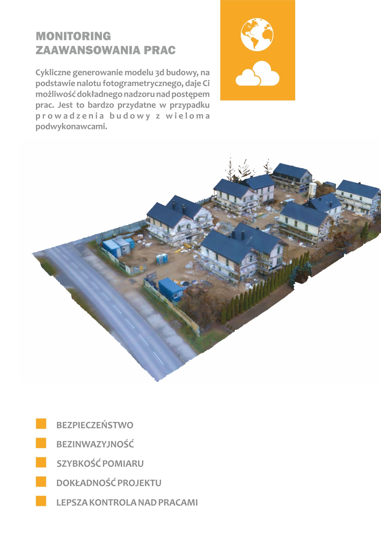 Model 3D osiedla w budowie, generowany cyklicznie na podstawie nalotu fotogrametrycznego, prezentujący postęp prac budowlanych z widocznymi domami w różnym stopniu zaawansowania, kontenerami...