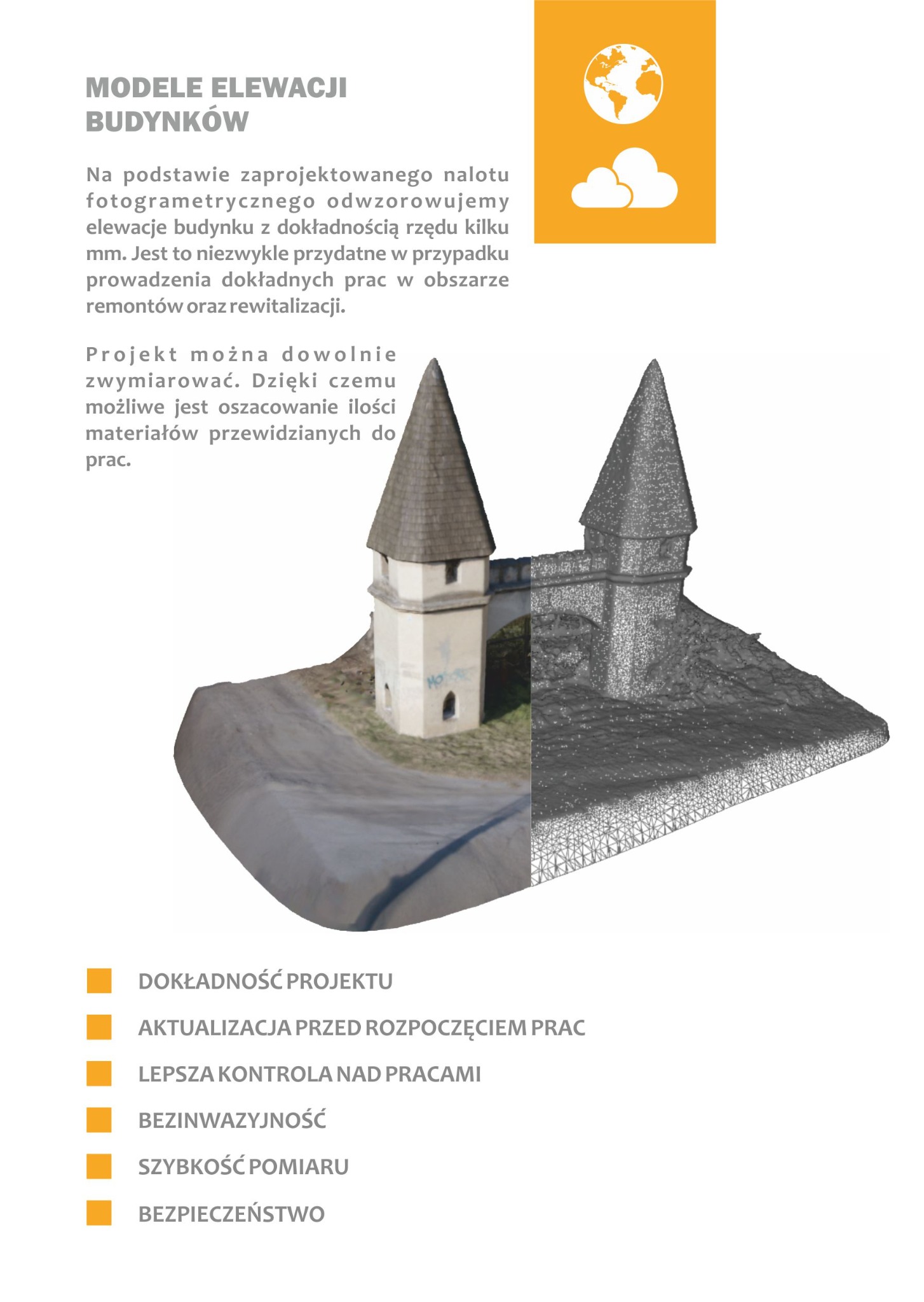 Model elewacji budynku, po lewej stronie zdjęcie wieży, po prawej siatka 3D odwzorowująca jej kształt.