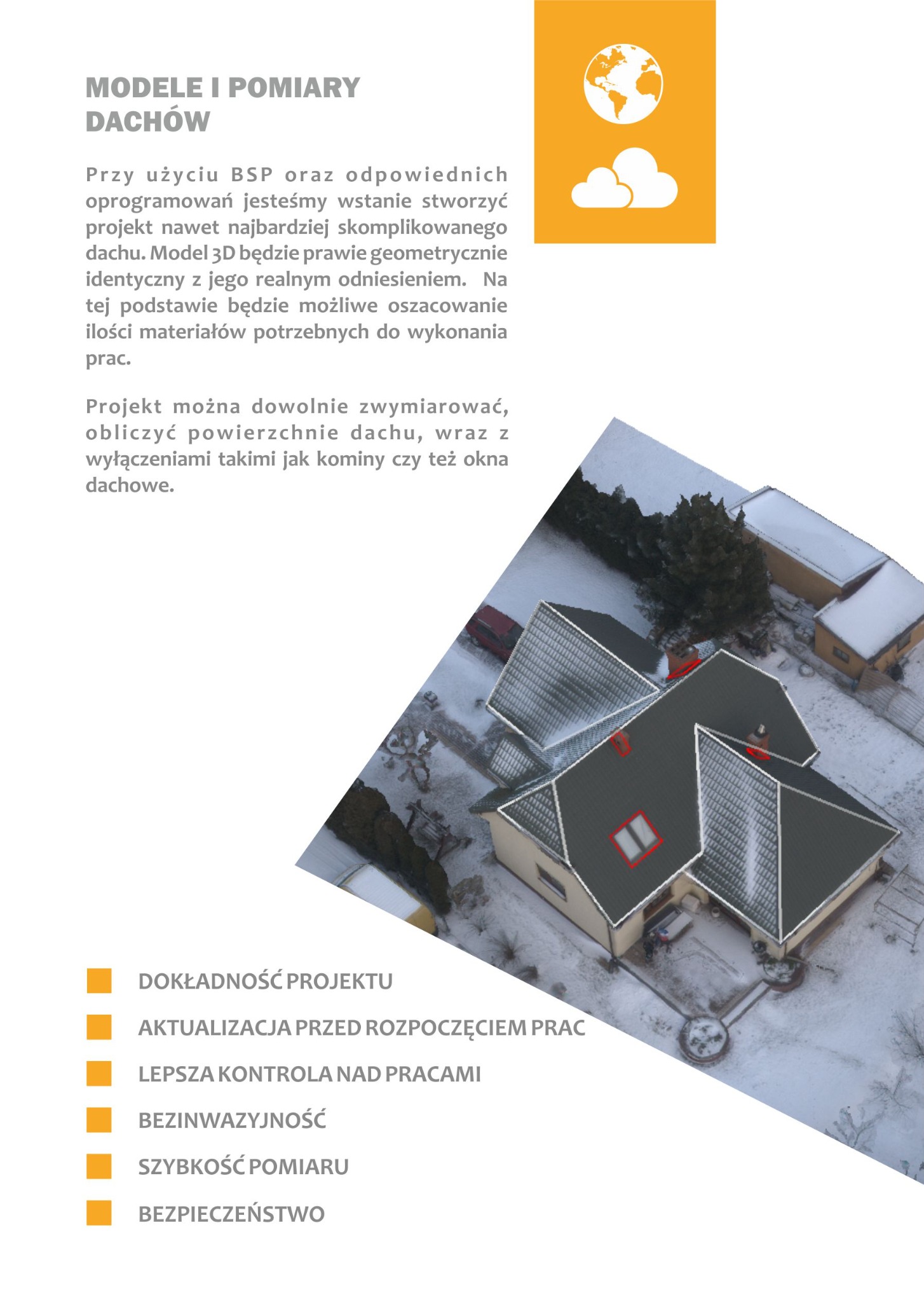 Wizualizacja 3D dachu domu jednorodzinnego z zaznaczonymi oknami dachowymi i kominami, prezentowana na tle tekstu informacyjnego o dokładności pomiarów i projektowania.