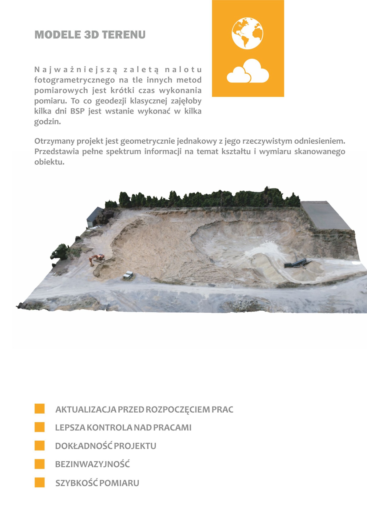 Model 3D terenu przedstawiający wyrobisko z pracującą koparką, wizualizacja danych uzyskanych metodą fotogrametrii.