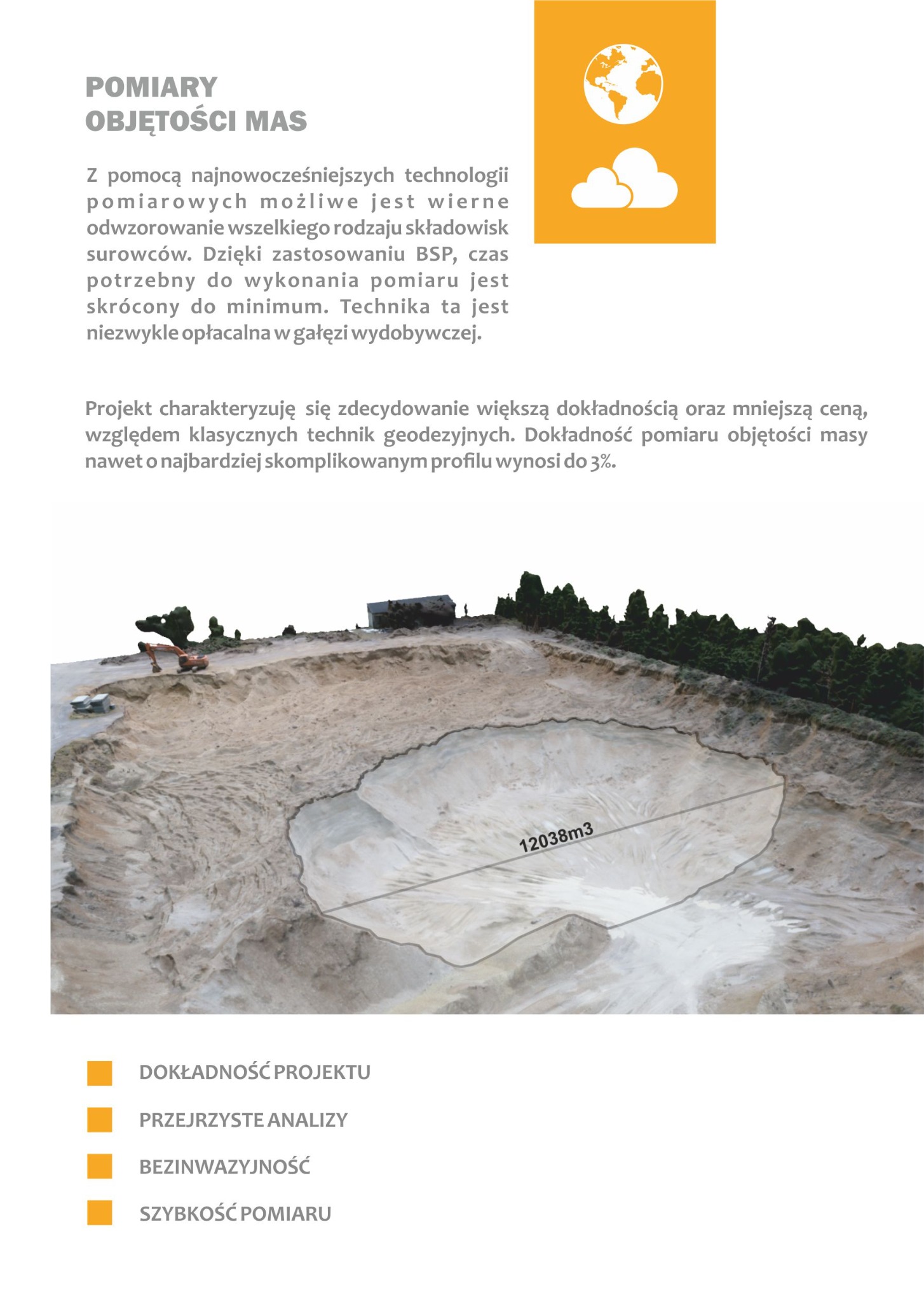 Grafika przedstawia pomiar objętości mas ziemnych w wyrobisku, z widocznym wykopem i pracującą koparką, z naniesioną wartością objętości 12038m3. W górnej części grafiki widoczne logo z globusem...