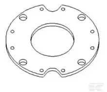 Rysunek techniczny metalowego elementu w kształcie pierścienia z otworami i wycięciami.