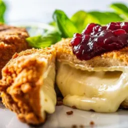 Przekrojony, panierowany ser camembert z płynnym wnętrzem i sosem żurawinowym, udekorowany listkami bazylii, na białym talerzu.