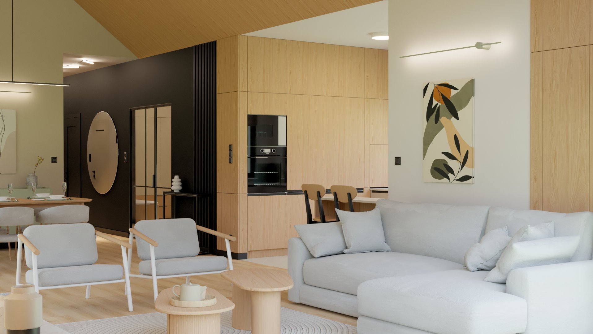 Jasny salon w stylu skandynawskim: sofa narożna, drewniane akcenty, minimalistyczne krzesła i abstrakcyjny obraz. Widok na jadalnię i kuchnię.