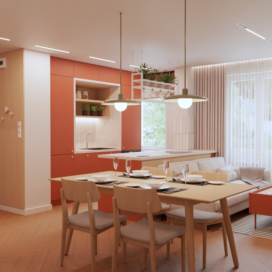 Projekt salonu z aneksem | Styl Mid Century Modern