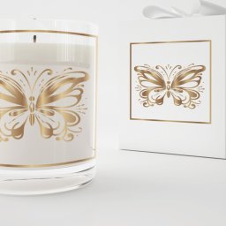 Karolina Bomba digital - Elegancka świeca zapachowa w szklanym pojemniku z złotym motywem motyla, obok białe pudełko z identycznym wzorem i kokardą.