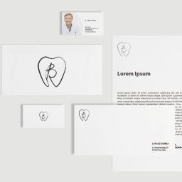 Karolina Bomba digital - Wizualizacja identyfikacji wizualnej stomatologa: wizytówka, papier firmowy i koperta z logo w kształcie zęba z literą 'B' w środku.