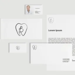 Wizualizacja identyfikacji wizualnej stomatologa: wizytówka, papier firmowy i koperta z logo w kształcie zęba z literą 'B' w środku.
