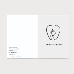 Karolina Bomba digital - Wizytówka MGB stomatologia z logo przedstawiającym ząb z wpisanymi literami B i R oraz danymi kontaktowymi.