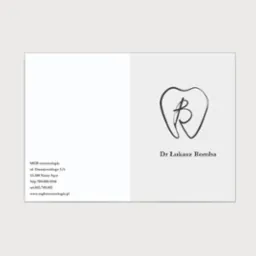 Wizytówka MGB stomatologia z logo przedstawiającym ząb z wpisanymi literami B i R oraz danymi kontaktowymi.