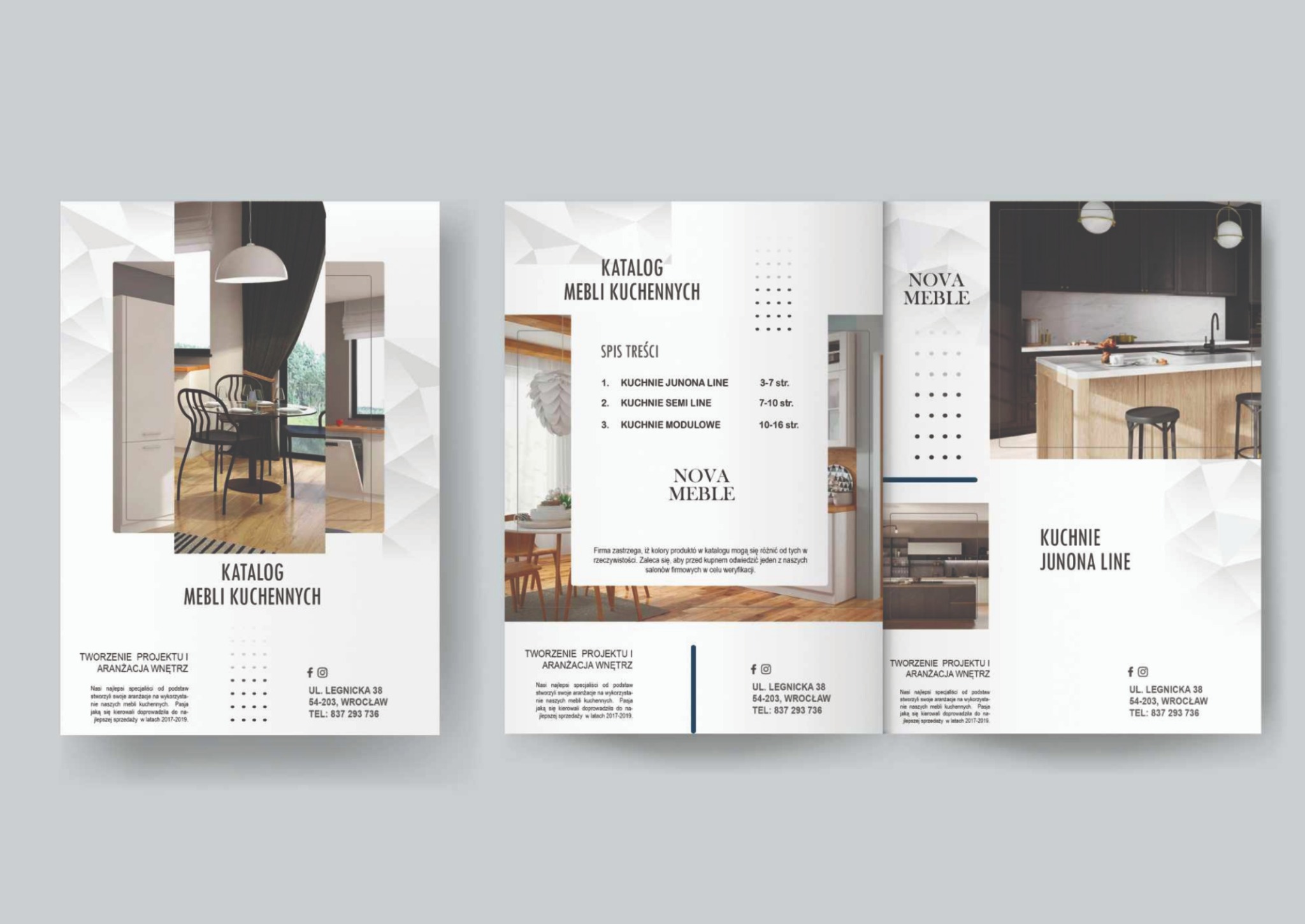 Katalog mebli kuchennych Nova Meble, prezentujący aranżacje wnętrz z wykorzystaniem kuchni Junona Line, Semi Line i Modułowe, z adresami salonów firmowych we Wrocławiu.