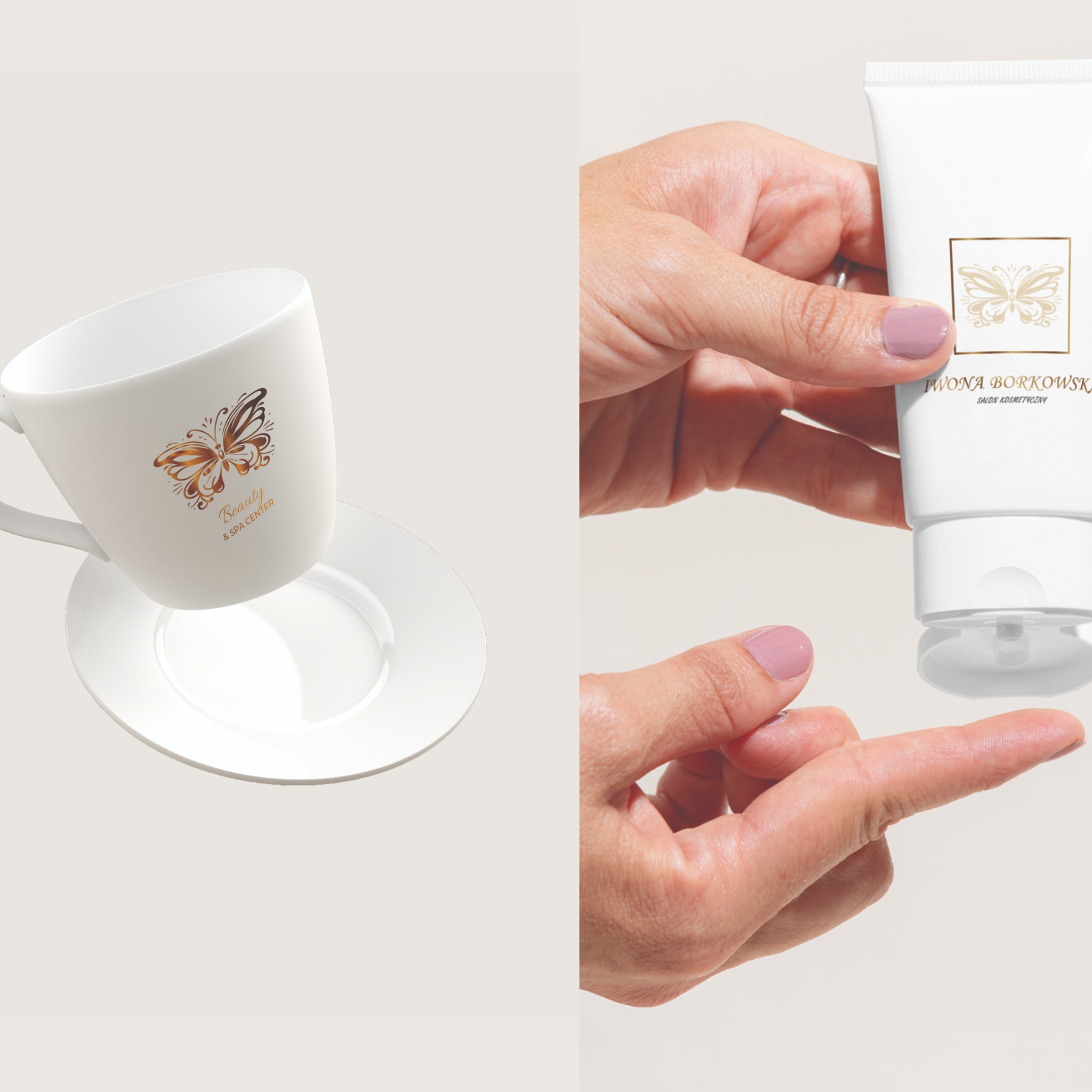 Makieta filiżanki i tuby kosmetyku z motywem motyla w kolorze złota, prezentująca identyfikację wizualną salonu kosmetycznego.
