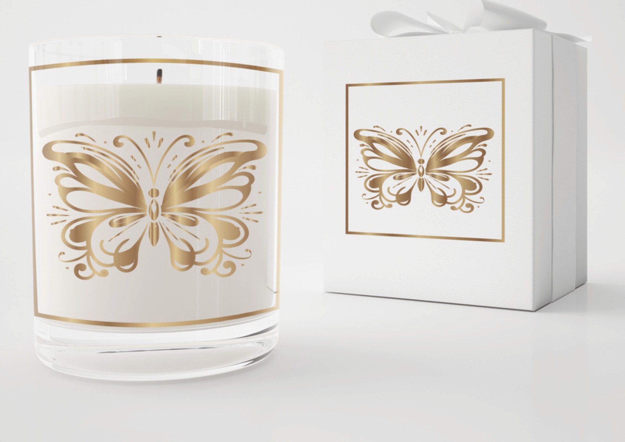 Elegancka świeca zapachowa w szklanym pojemniku z złotym motywem motyla, obok białe pudełko z identycznym wzorem i kokardą.