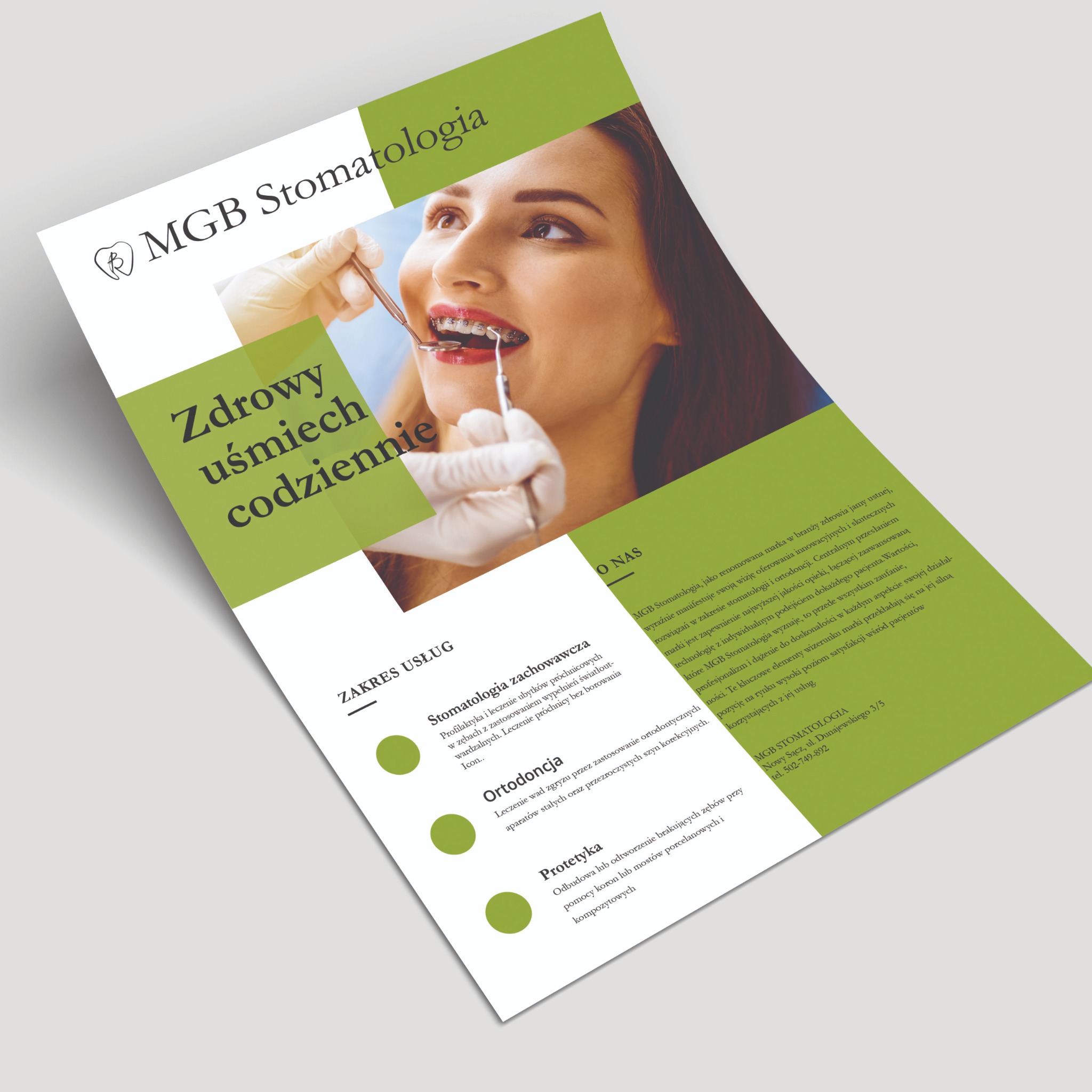 Ulotka reklamowa kliniki stomatologicznej MGB Stomatologia, prezentująca ofertę z zakresu stomatologii zachowawczej, ortodoncji i protetyki, z uśmiechniętą pacjentką z aparatem ortodontycznym w tle.
