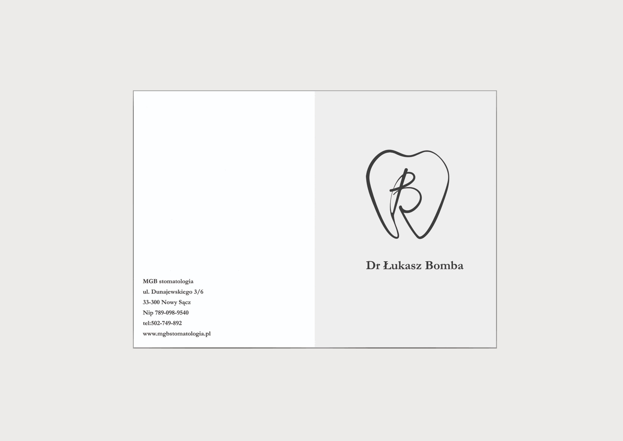Wizytówka MGB stomatologia z logo przedstawiającym ząb z wpisanymi literami B i R oraz danymi kontaktowymi.