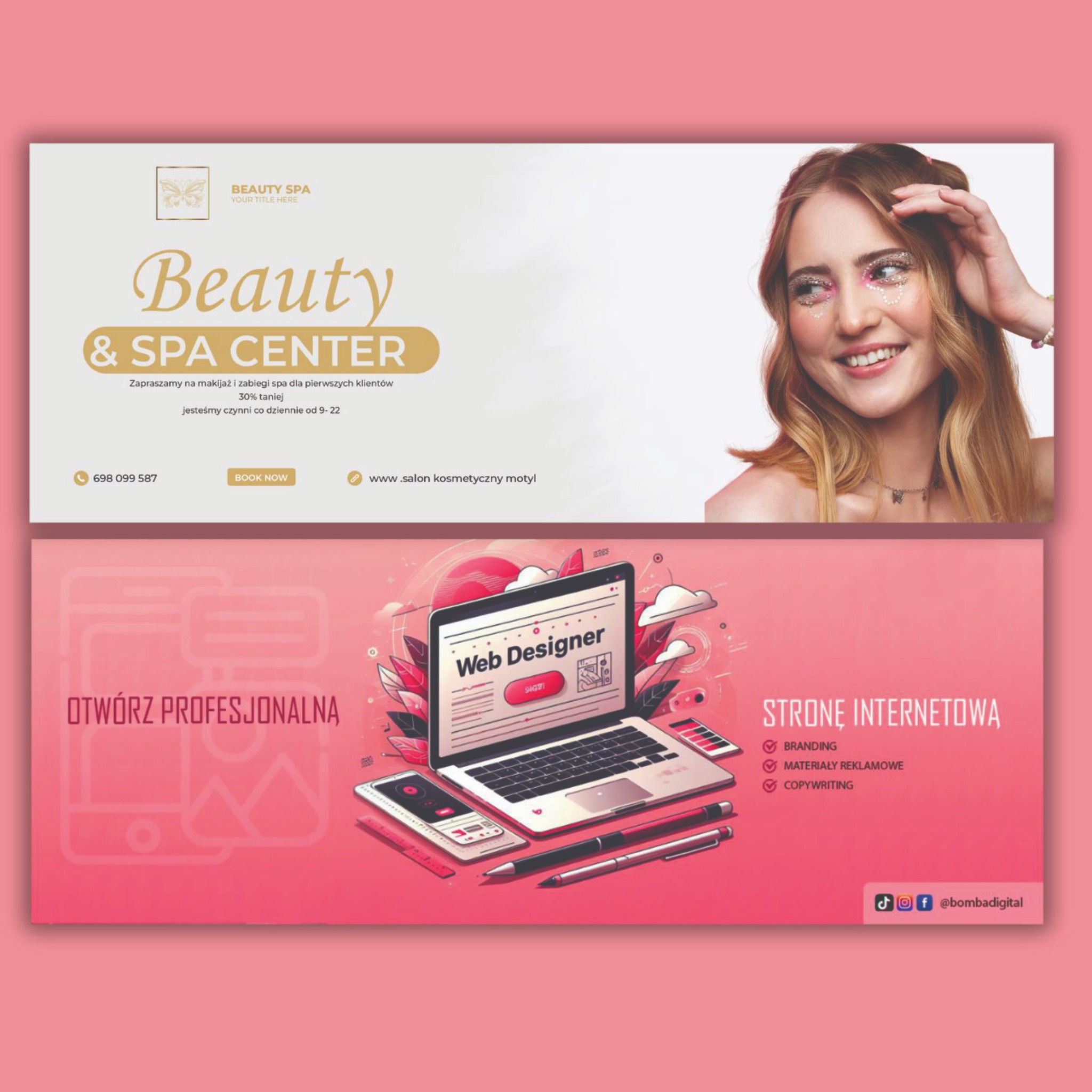 Grafika reklamowa salonu Beauty & Spa z ofertą makijażu i zabiegów spa, prezentująca laptop z napisem 'Web Designer' na ekranie, smartfon, długopisy oraz informacje o brandingu, materiałach...