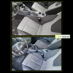 Dwa ujęcia wnętrza samochodu po czyszczeniu tapicerki w Kole, widoczne odświeżone fotele i dywaniki, z logo firmy HP Clean w prawym górnym rogu.
